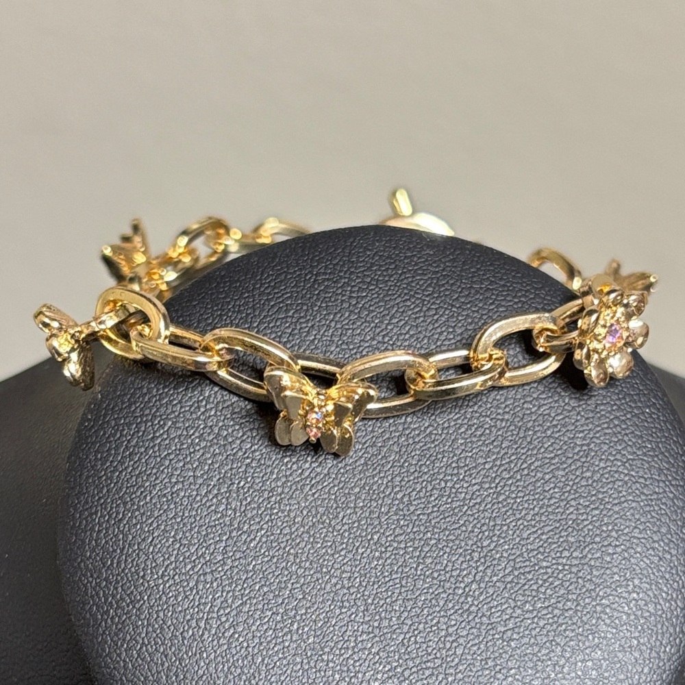 Guess Butterly Flower Gold Tone Link Rhinestone Bracelet Y2K